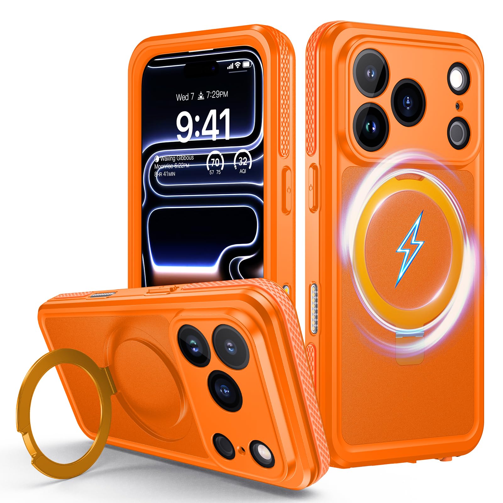 Lanhiem Magnetic for iPhone 17 Pro Waterproof Case, Dustproof Case Built-in Screen Protector, [Fit for MagSafe] [Invisible Stand] Shockproof Heavy Duty Underwater Case for iPhone 17 Pro (Orange)