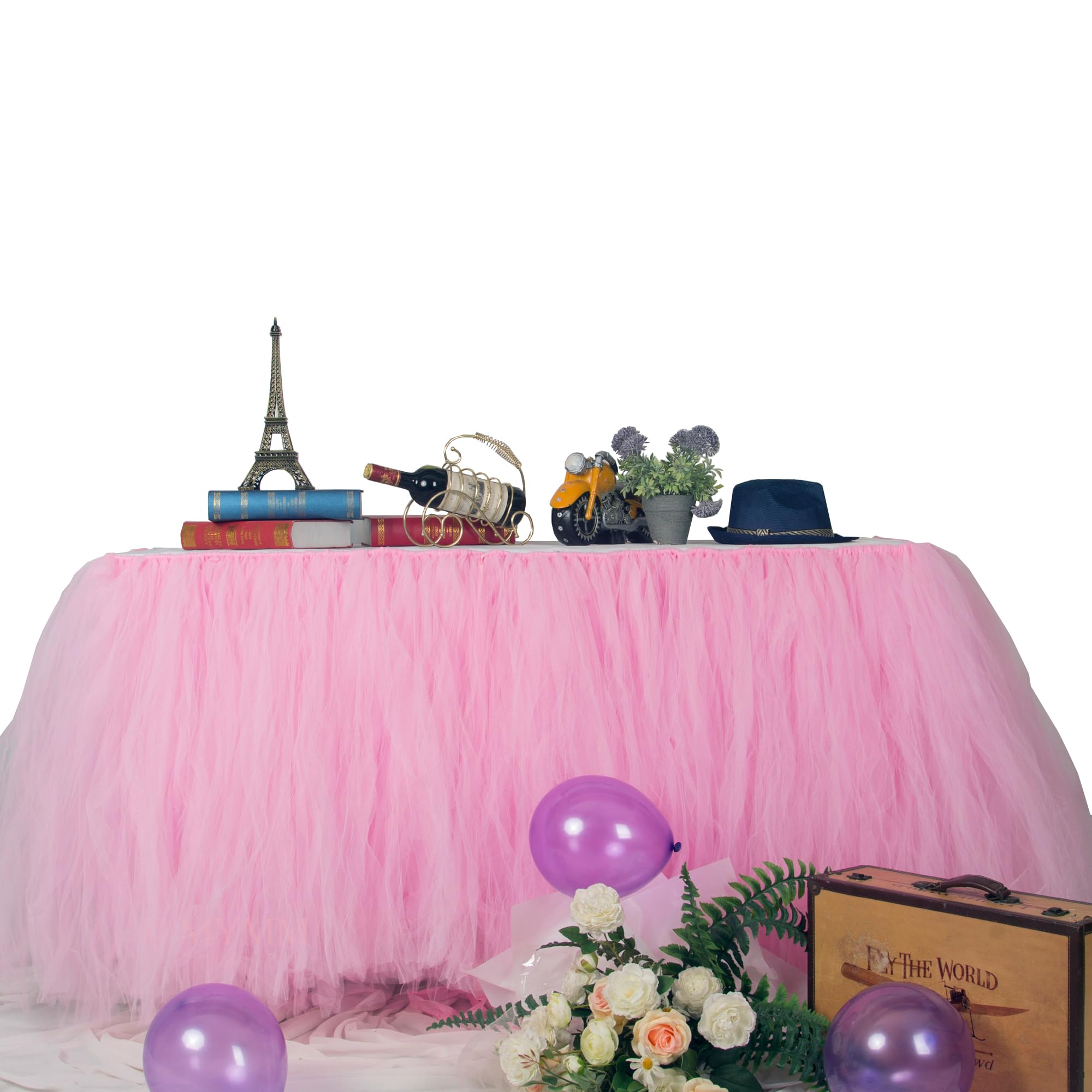 MYMM 3ft / 91cm Pink Table Skirt, Romantic Tulle desk gauze, Table Decoration, Snowflake Wonderland Tutu Table Cloth, for Baby Shower, Wedding, Birthday, Party, Bar, Prom, Valentine's Day Christmas
