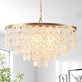 HLMRCHEN 24" Capiz Shell Chandelier, 5 Light Gold Dining Room Light Fixture Modern Coastal Chandeliers for Bedroom Bathroom K