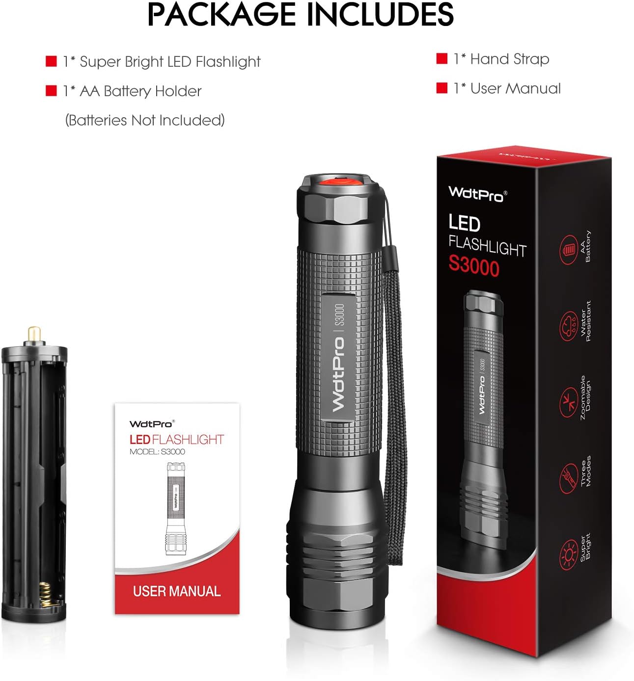 High-Powered LED Flashlight S3000, WdtPro Super Bright Flashlights - High Lumen, IP67 Water Resistant, 3 Modes and Zoomable for Camping, Emergency, Hiking, Gift - - 