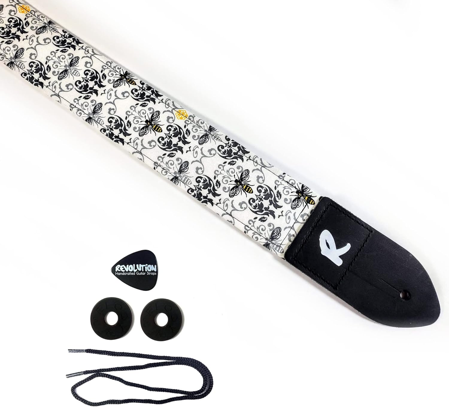 Mixed Media - Bee Guitar Strap -Decorative, Genuine Leather Ends, Includes 2 Strap Locks & 1 Pick. Adjustable Strap, For Bass, Electric & Acoustic Guitars Gift for Guitar Players Men, Women & Kids