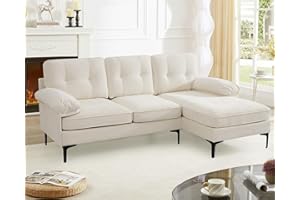 EASELAND 83" Chenille L Shape Convertible Sofa, Modern Sofa Couch for Living Room, 3-Seat Comfy Sofa Sectional with Reversible Wide Chaise for Bedroom, Deep Seat Sofa with Fluffy Armrests（White）