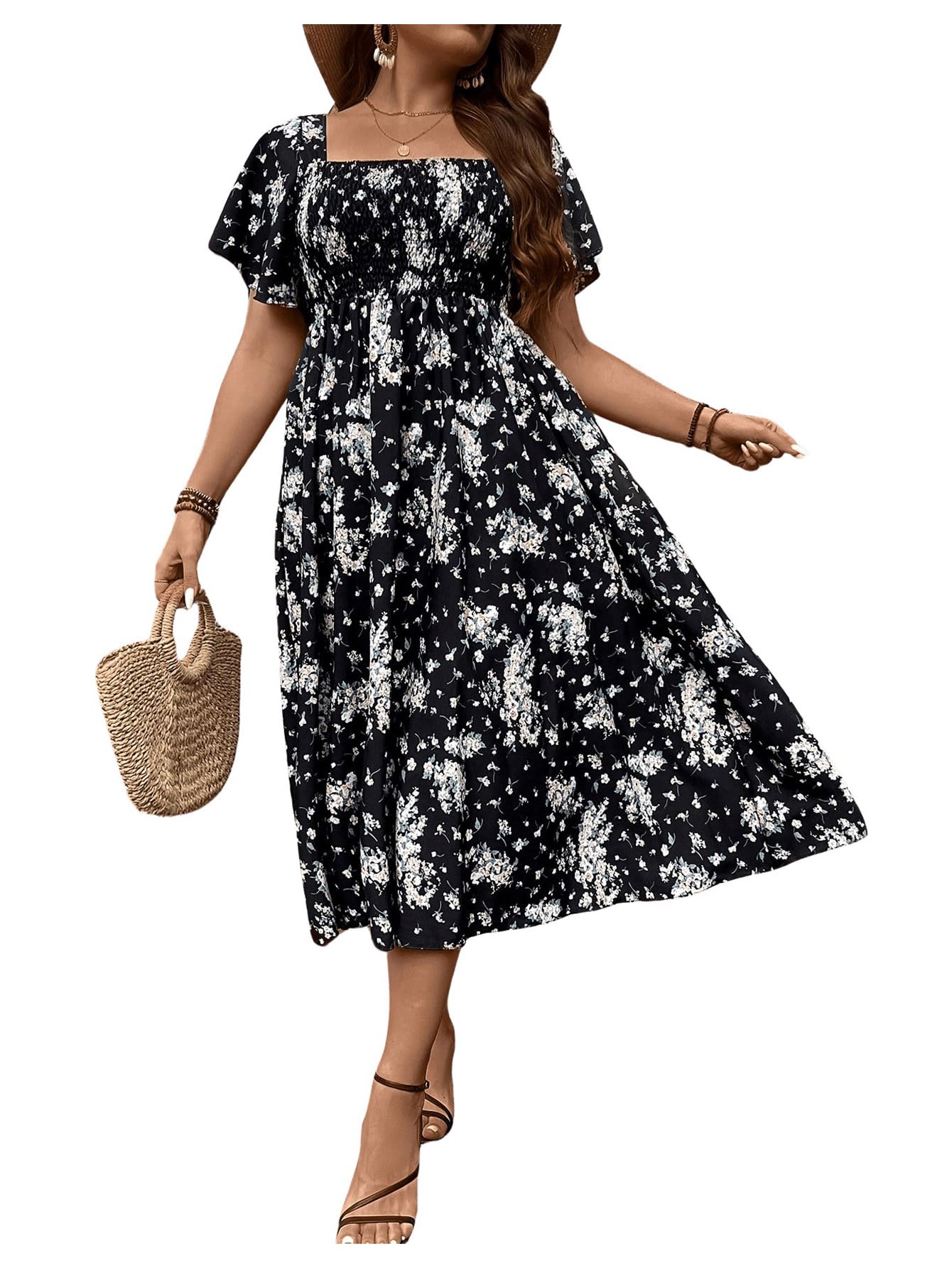 Photo 1 of Size 2XL---Floerns Women's Plus Size Floral Square Neck Flounce Short Sleeve A Line Maxi Dress Black 2XL