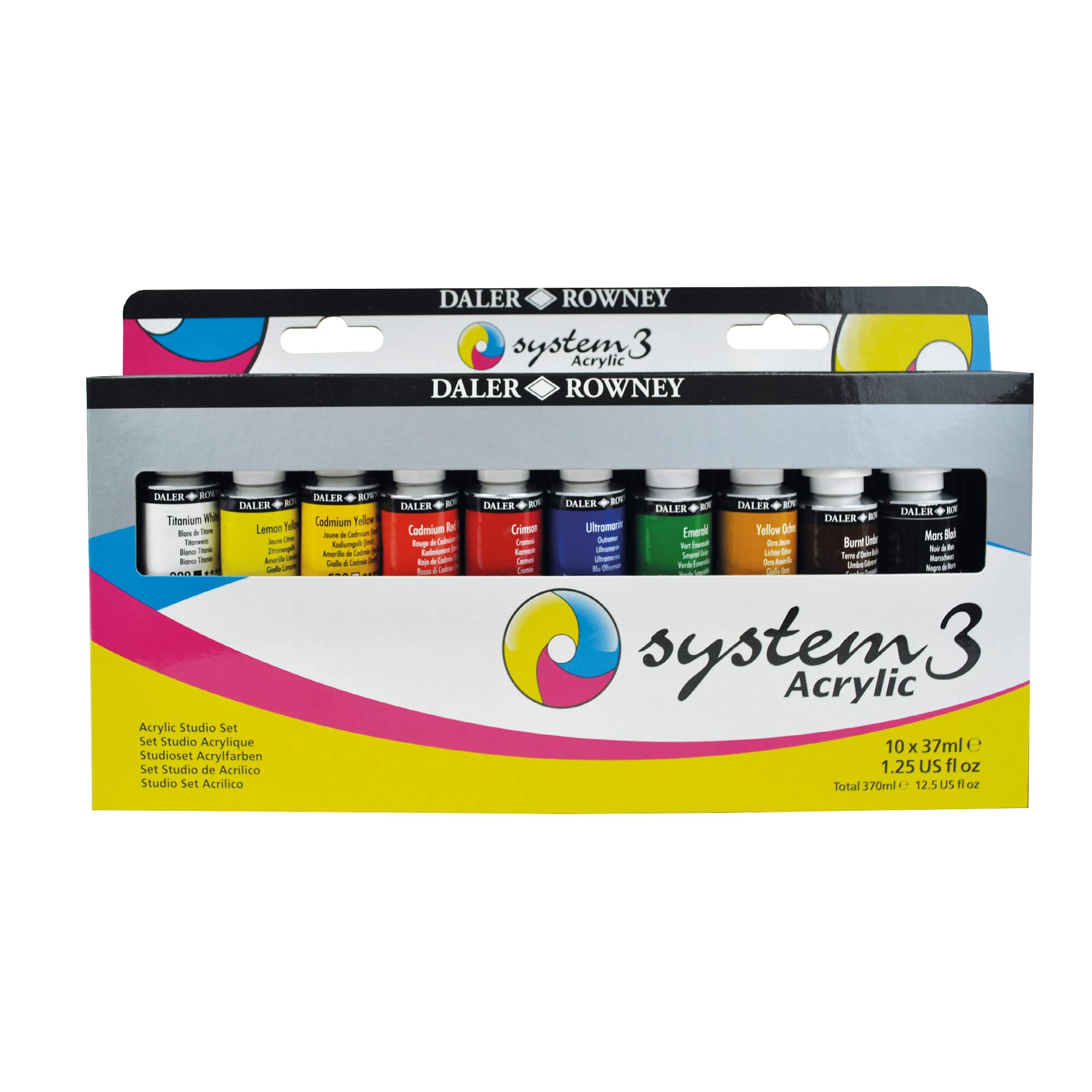 Daler-Rowney System3 Acrylic 37ml Paint Studio Set, 10 Assorted Vibrant Colours + 1 System3 Acrylic Brush, Ideal for Professional Artists & Students