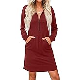 PrinStory Women’s Casual Dresses | Fall Winter Long Sleeve Half Zip V Neck Pullover Tunic Sweatshirt Dress with Pockets S-2XL