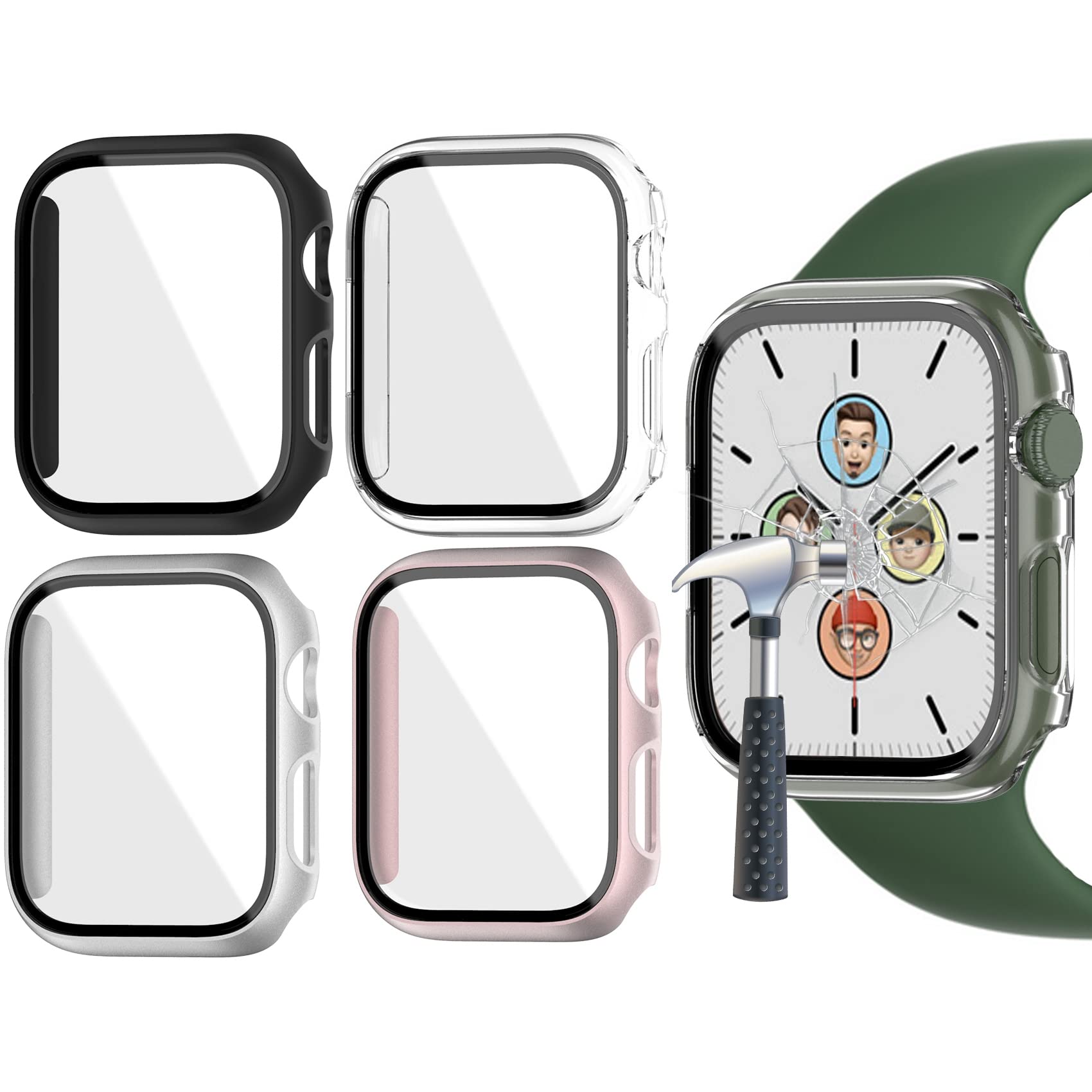 Jvchengxi 4 Pack Case 45mm for Apple Watch Series 9/8 / 7 with Tempered Glass, Hard PC Case Anti-Scratch HD Screen Protector Protective Cover for iWatch 9/8 / 7 (Clear/Black/Silver/Rose Gold)