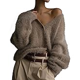 COZYPOIN Womens Fuzzy Mohair Cardigan Open Front Button Down V-Neck Long Sleeve Sweater Slouchy Drop Shoulder Knit Coat(Khaki-S)