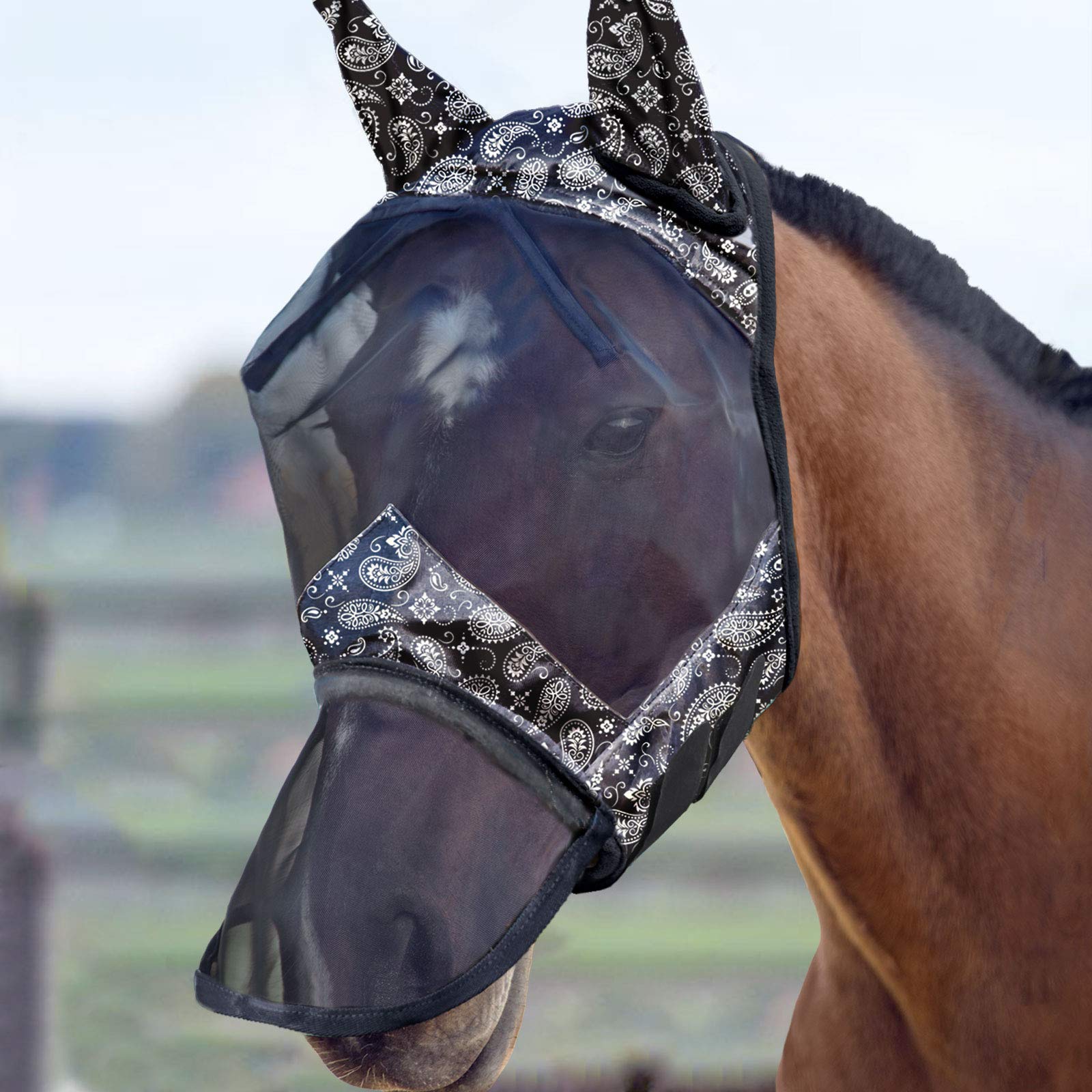 Harrison Howard LumiVista Horse Fly Mask Long Nose with Ears UV Protection for Horse-Paisley Wave Full Size