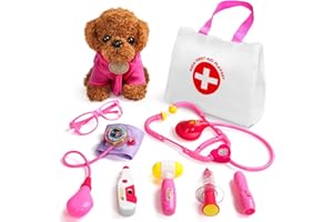 FAJIABAO Doctor Kit for Toddlers 3-5 Girl Toys Christmas Birthday Gift for 2 3 4 Year Old Girls Kids Doctors Play Set with Plush Dog, Toy Stethoscope & Carrying Bag for Veterinarian Pretend Play (Pink)