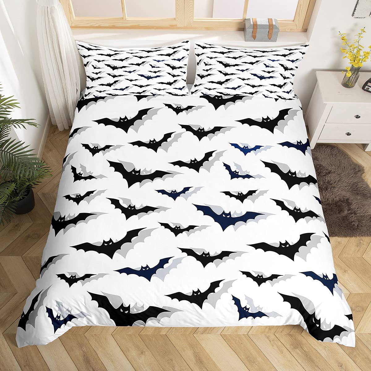 Loussiesd Goth Comforter Cover Single Size Flying Bats Theme Bedding Set Animal Shadows Pattern Decorative 2 Pieces Black Duvet Cover Set White Grey Print Bedspread Cover with 1 Pillowcase Zipper — image 1