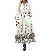 BTFBM Women's Fall Wedding Guest Dresses 2025 Casual Floral Long Sleeve V Neck Front Tie Flowy Boho Maxi Dress Pockets