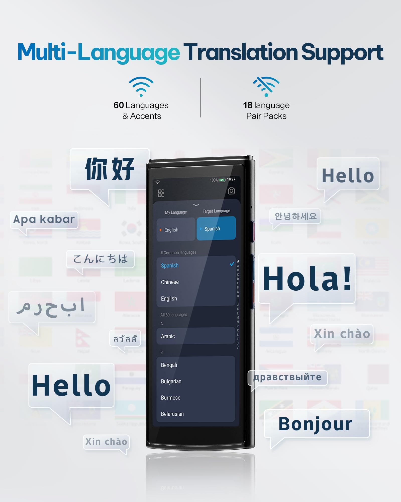 iFLYTEK AI Language Translator Device — 60 Languages, Real-Time Split-Screen & Two-Way Instant Voice Translation, 18 Offline Packs, 2-Year Global Data for K-12 Education, Business, Travel