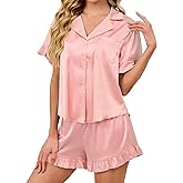KFUBUO Silky Satin Pajamas for Women Set Short Sleeve Button Down 2 Piece Pjs Shorts Sets Soft Sleepwear Loungewear