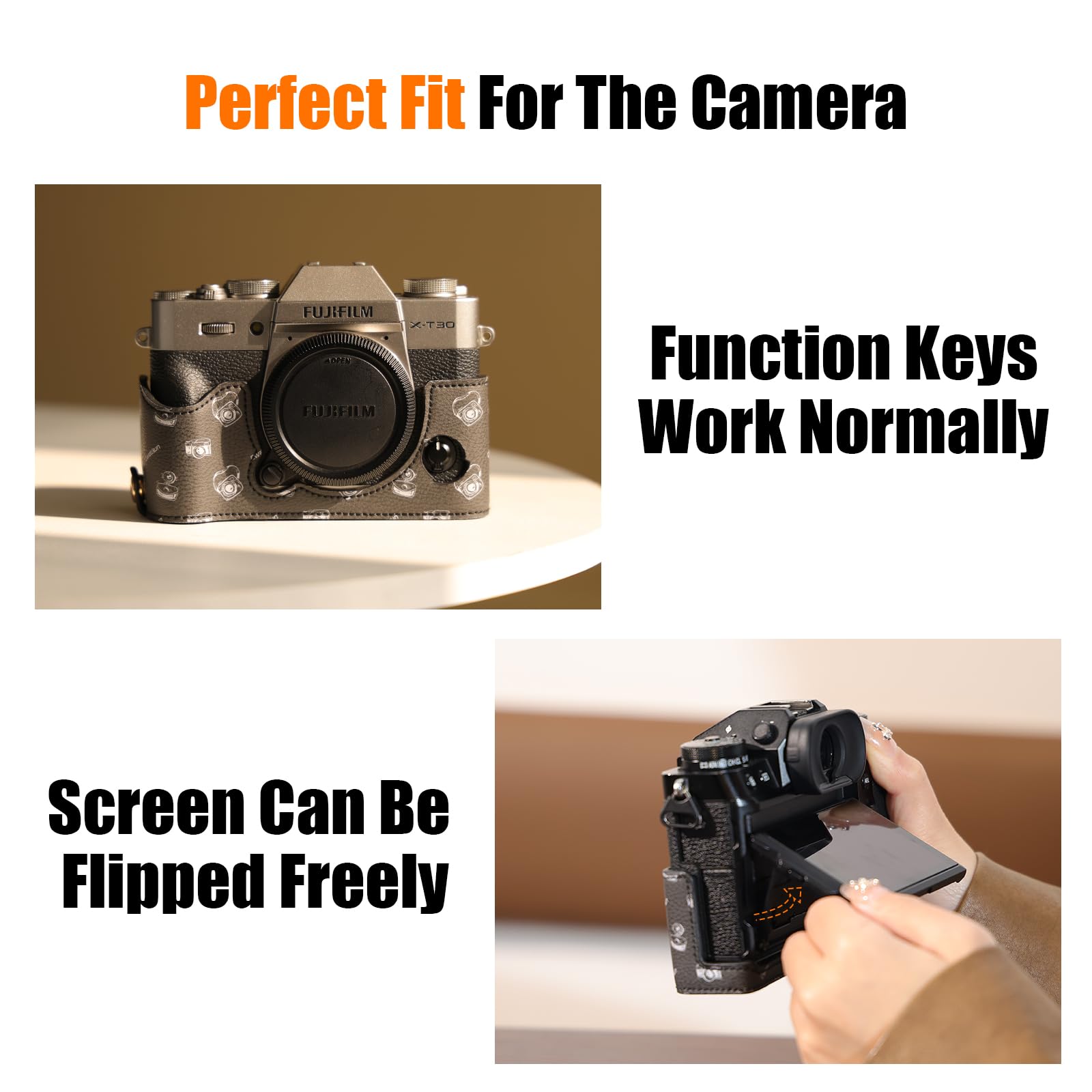 Cwatcun Leather Camera Half Case Compatible with Fujifilm X-T30 II, Vintage Pattern Style Leather Half Case with Magnetic Battery Access, Black