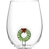 Slant Holiday Party Supplies - Wine Glasses Stemless Drinking Glass with 3D Figurine, 20-Ounce, Wreath