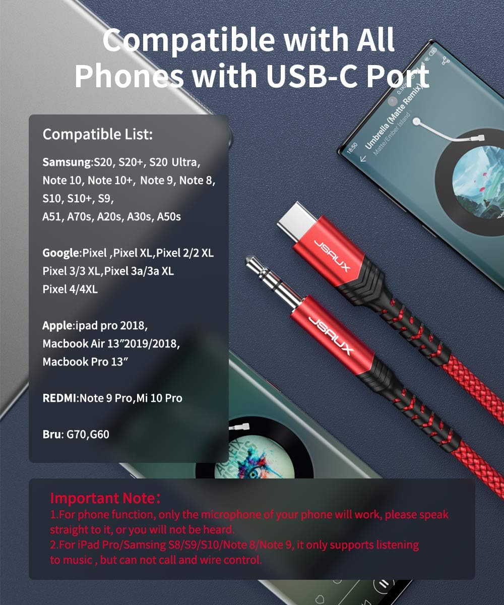 USB C to 3.5mm Audio Aux Jack Cable[3.3ft], JSAUX USB Type C to 3.5mm Headphone Stereo Cord Car Compatible with iPad Pro 2018 Google Pixel 2 3 XL, Samsung Galaxy S20 Ultra Note 20 10 Plus, Moto Z-Red: Electronics