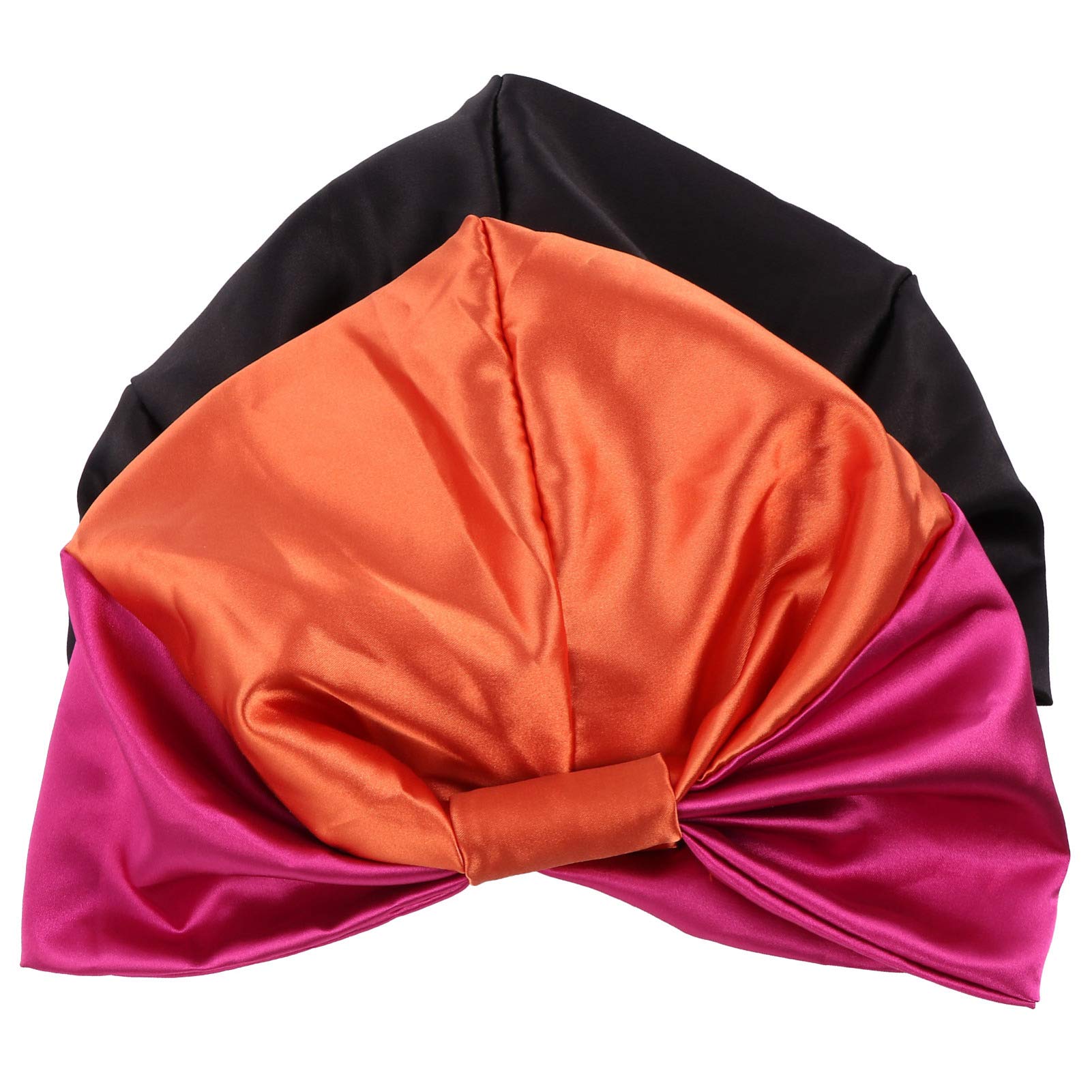 FRCOLOR Silk Bonnet Sleeping Cap for Natural Hair,Wide Band Satin Bonnet Hair Loss Caps Soft Hair Turbans Night Head Cover,2pcs (Black,Orange)