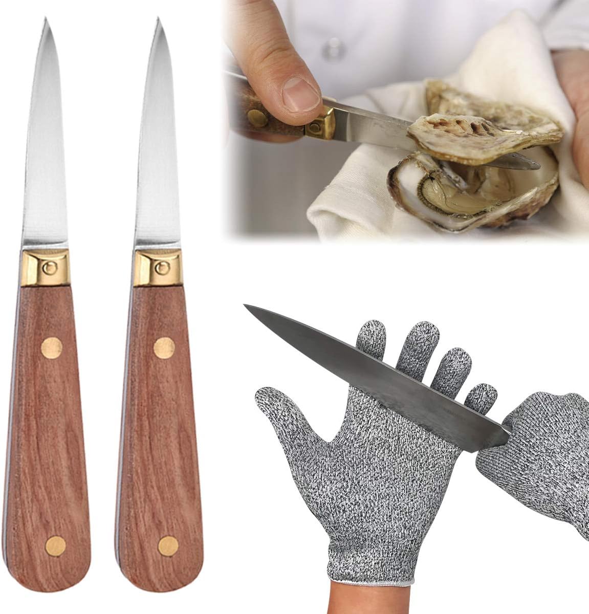 Oyster Shucking Knife Set, Oyster Shucking Knife and Gloves Cut Resistant Level 5 Protection, Wooden Handle Oyster Knife Shucker Seafood Opener Kit Tools Gift (2knifes+1Glove)