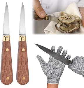 Oyster Shucking Knife Set, Oyster Shucking Knife and Gloves Cut Resistant Level 5 Protection, Wooden Handle Oyster Knife Shucker Seafood Opener Kit Tools Gift (2knifes+1Glove)