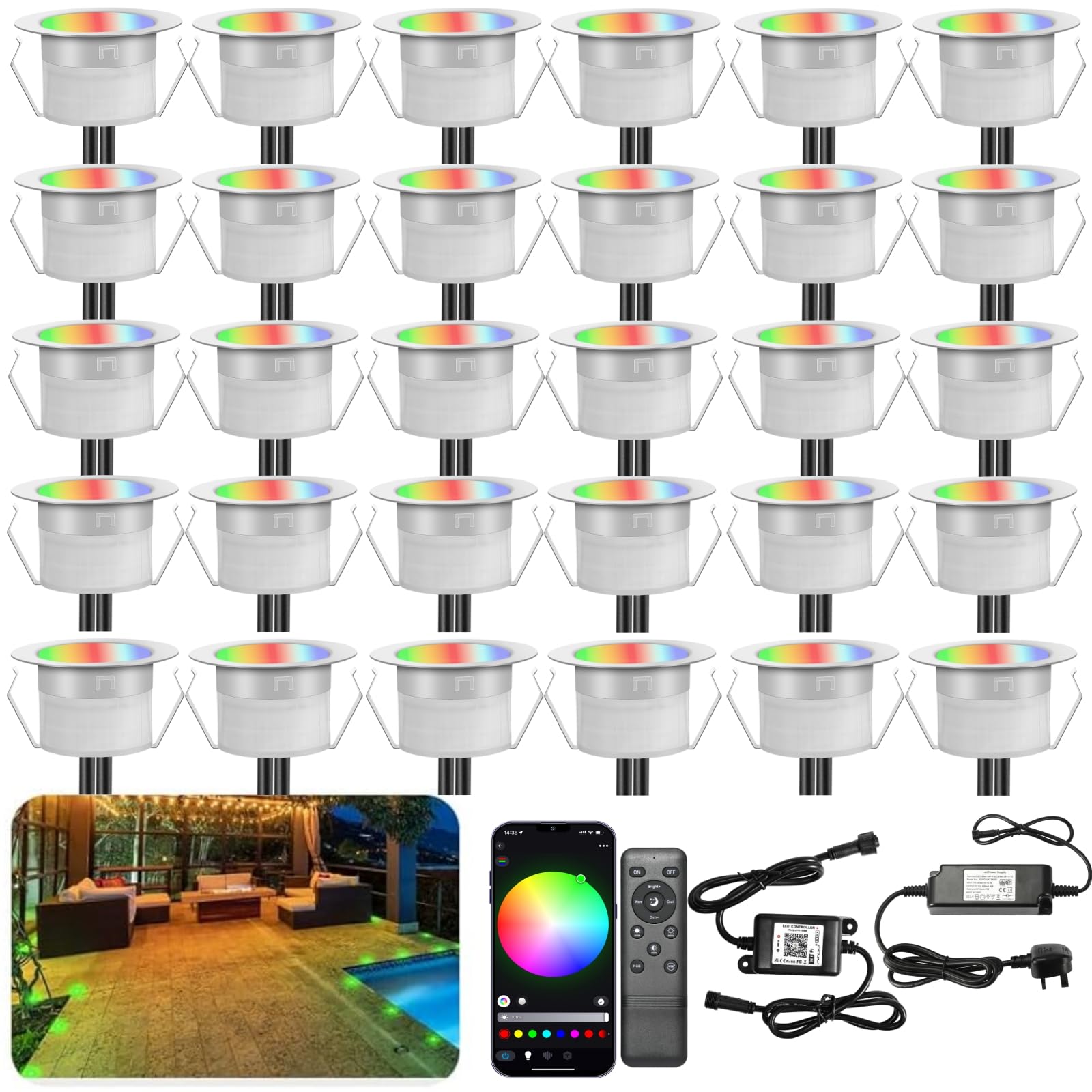 INDARUN RGB WiFi Led Decking Lights Waterproof IP67 Ø45MM - Lighting for Terrace/Patio/Path/Wall/Garden/Decoration, 30 Packs
