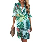 Wkior Womens Summer Ruffle Short Sleeve V Neck Shift Dress | Vacation Travel Outfit, Basic Flowy Swing Dress, Daily Casual Mi