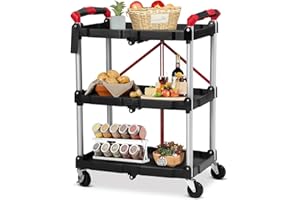 Portable Folding Utility Cart, 3 Tier Collapsible Service Cart, Office Warehouse Home Use, 56 Lbs Load Capacity Per Shelf, Bl