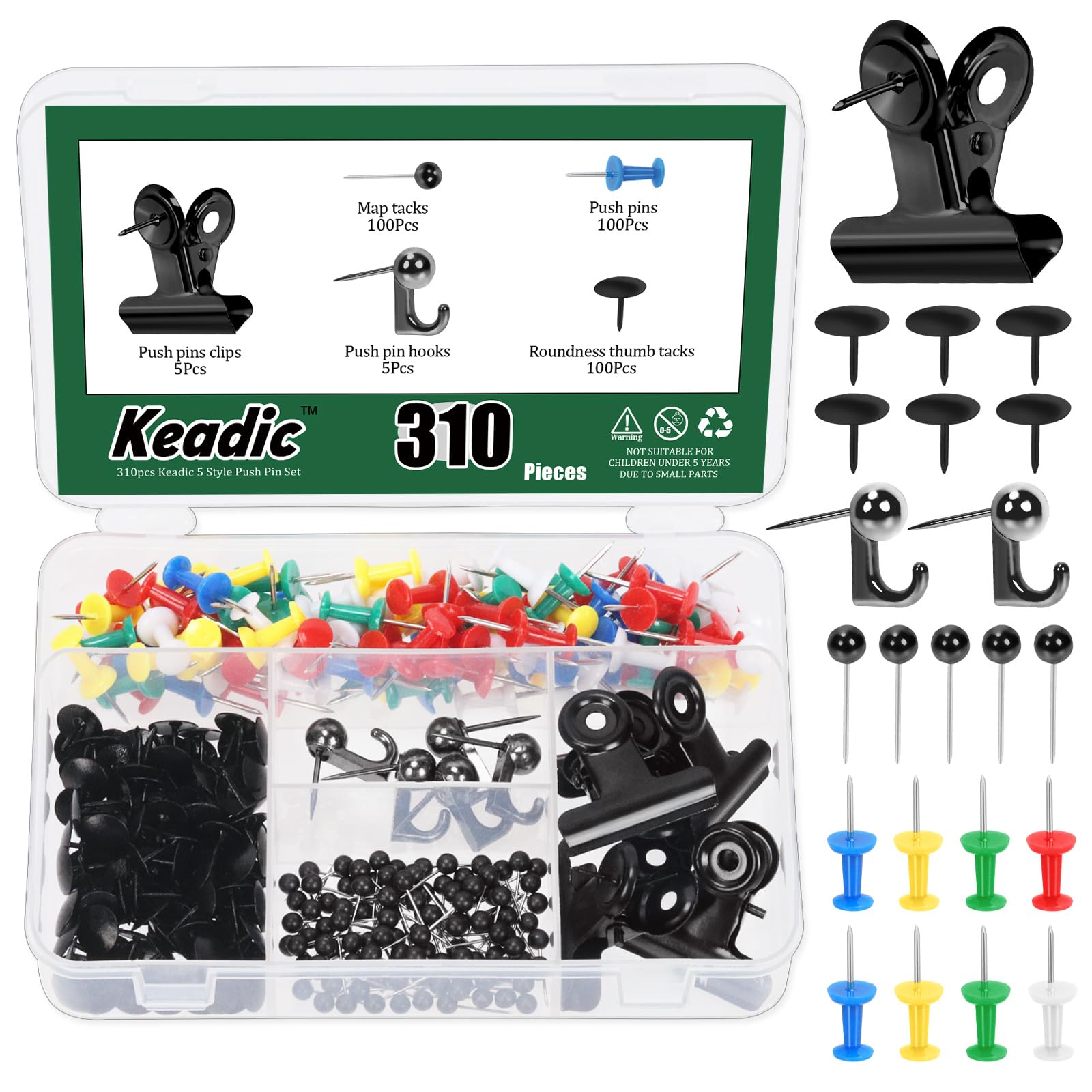 Keadic 310Pcs 5 Style Push Pin Assortment Set with Storage Box, Corkboard Thumb Tacks Decorative Bulletin Board Pushpins Picture Hanging Pin for Home Office School Wall (Black)