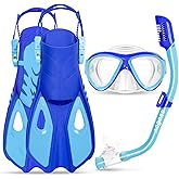 Snorkeling Gear for Kids Ages 5-15, 4 in 1 Mask Fins Snorkel Set with HD Tempered Glass Panoramic View Anti-Fog Mask, Dry Top Snorkel, Adjustable Trek Fins, and Mesh Bag, Kids Snorkel Set for Youth