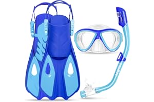 ACQCES Snorkeling Gear for Kids Ages 5-15, 4 in 1 Mask Fins Snorkel Set with HD Tempered Glass Panoramic View Anti-Fog Mask, Dry Top Snorkel, Adjustable Trek Fins, and Mesh Bag, Kids Snorkel Set for Youth