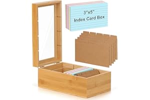 Bamboo Index Card Organizer - 3x5 Index Card Holder Box With Dividers - Wood Recipe Box With Lid - 4 Compartments For 1200 Ca