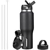 HYDROWION 32oz Stainless Steel Water Bottle(Cold for 48 Hrs, Hot for 24 Hrs),Double Wall Vacuum Insulated Water Bottle with Straw Lid, Spout Lid and Flex Cap, Fit in Any Car Cup Holder,Black
