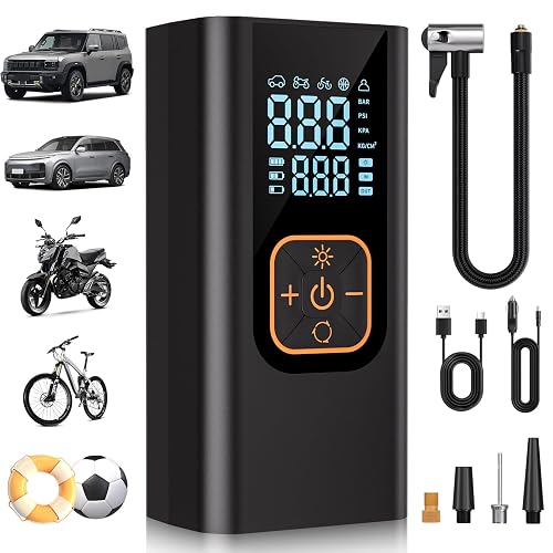 180PSI Tire Inflator Portable Air Compressor, 6X Faster Cordless Air Pump | For Car Tires, SUV, Bikes, Motorcycles and Balls; 12V DC Adapter, Auto Shut-off, Digital Display Pressure Gauge, LED Light