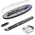 WRITECH Clictek Fountain Pen Retractable: Medium Nib Blue Ink Transparent Barrel Includes 5 Refillable Ink Cartridges, Smooth Writing No Leaking