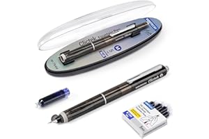 WRITECH Clictek Fountain Pen Retractable: Medium Nib Blue Ink Transparent Barrel Includes 5 Refillable Ink Cartridges, Smooth Writing No Leaking