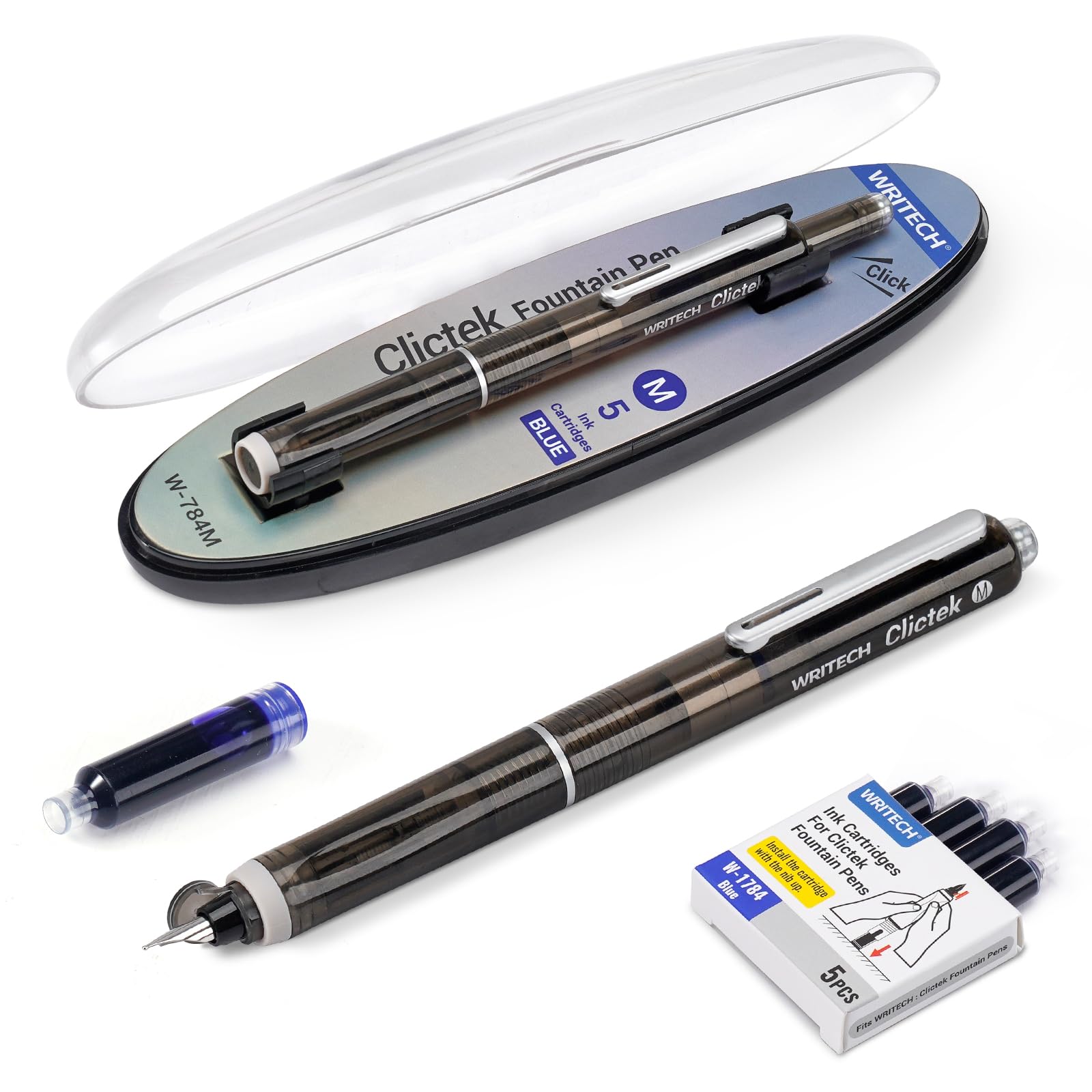 Photo 1 of WRITECH Clictek Fountain Pen Retractable: Medium Nib Blue Ink Transparent Barrel Includes 5 Refillable Ink Cartridges, Smooth Writing No Leaking