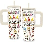xiiai Gift for Her, 24oz GNOMES Themed Tumbler with Handle & Straw, Stainless Steel Insulated Coffee Cup, Cute Stylish Design Mug for Work Daily Use, Gifts for Gnomes Lovers, Graduation Birthday