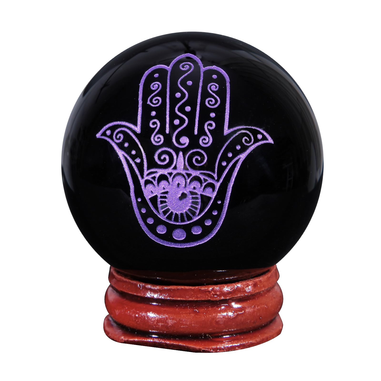 mookaitedecor Engraved Hand of Life Symbol Black Obsidian Crystal Ball Sphere Ornament with Wooden Stand, Healing Crystal Stone Wiccan Witchcraft Gifts Reiki Spiritual Room Desk Decor(Purple)