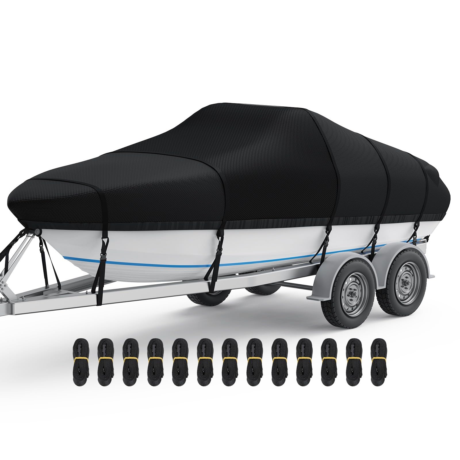 Photo 1 of RVMasking Boat Cover, 1400D Heavy Duty Middle Reinforced, Waterproof Trailerable with Storage Bag for V-Hull, Tri-Hull, Fish & Ski, Runabout Bass Boat (23'-24' Long?Beam Width up to 102", Black)