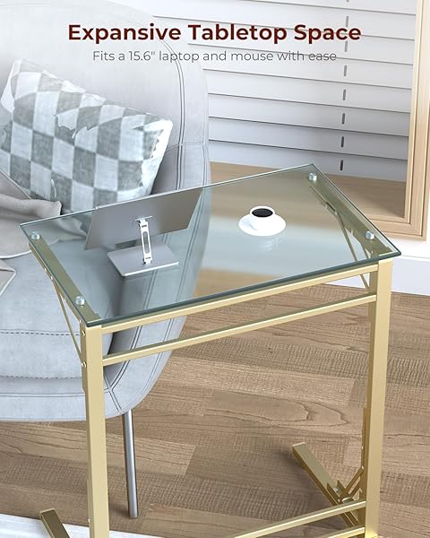 TATUB 24″ FOLDING TV TRAY TABLE SET OF 2, GLASS C SHAPED END TABLE FOR COUCH, SMALL SOFA-SIDE LAPTOP DESK WITH GOLD METAL FRAME FOR LIVING ROOM, BEDROOM, BEDSIDE