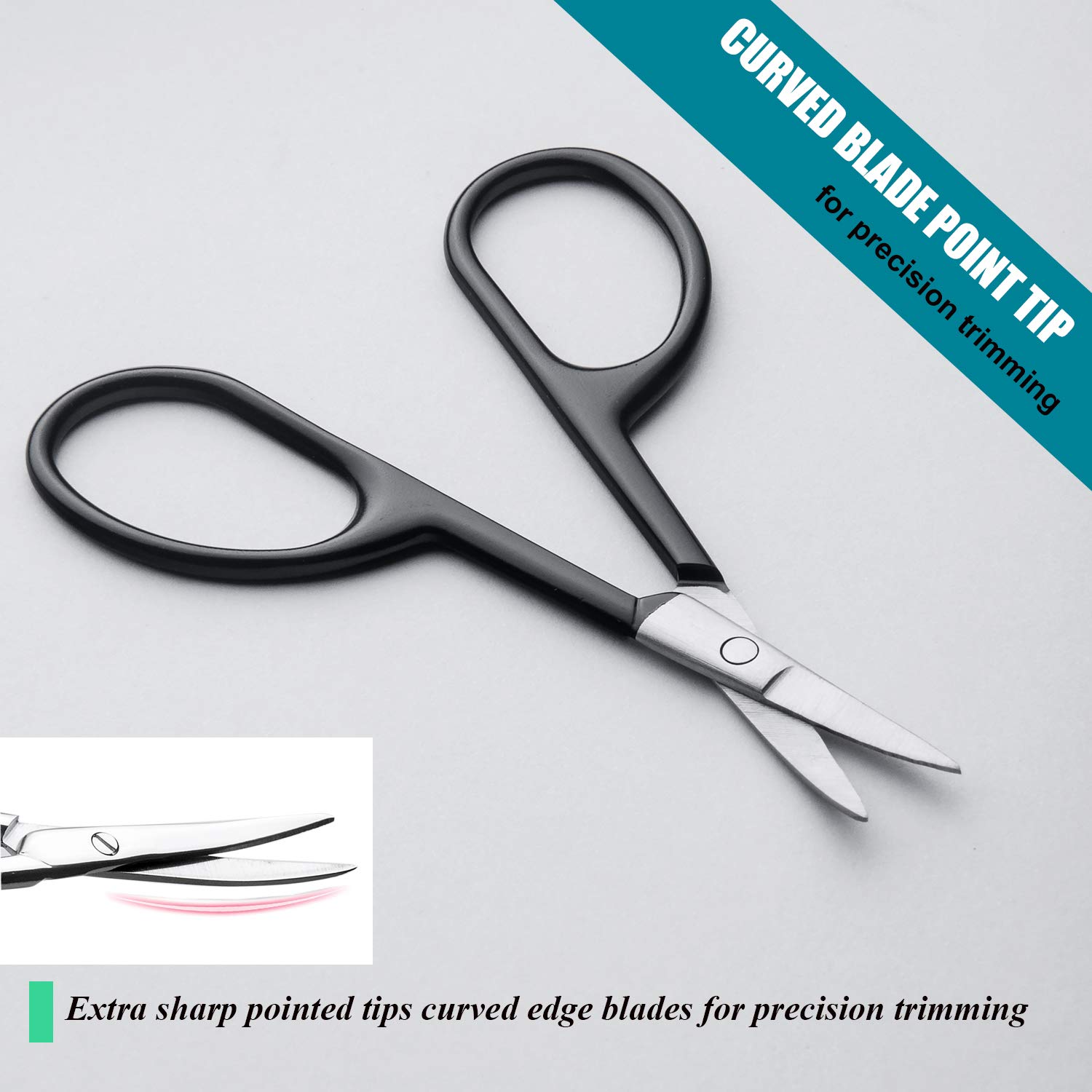 Small Scissors, Comfort-Grip Handles, Facial Hair Grooming Set, Eyebrow, Nose, Mustache, Beard, Eyelashes Ear Nail Trimming Kit, Point and Rounded Safety Tip Cutting Clippers 2PCS With PU Cover Black: Beauty