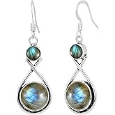 Natural Round Gemstones Dangle Earrings for Women – Handmade 925 Silver Plated Boho Drop Earrings – Lightweight and Comfortable Fashion Jewelry – Gift for Daily Wear or Special Occasions