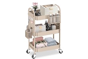 ALVOROG 3 Tier Rolling Cart with DIY Pegboards Metal Utility Cart with Wheels Handles Baskets Hooks, Craft Cart for Office Kitchen Bathroom(Khaki)