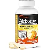 Airborne 1000mg Vitamin C with D and Zinc, Multivitamin Immune Support Supplement with Antioxidants A, C, and E, 200 Chewable Tablets, Citrus Flavor