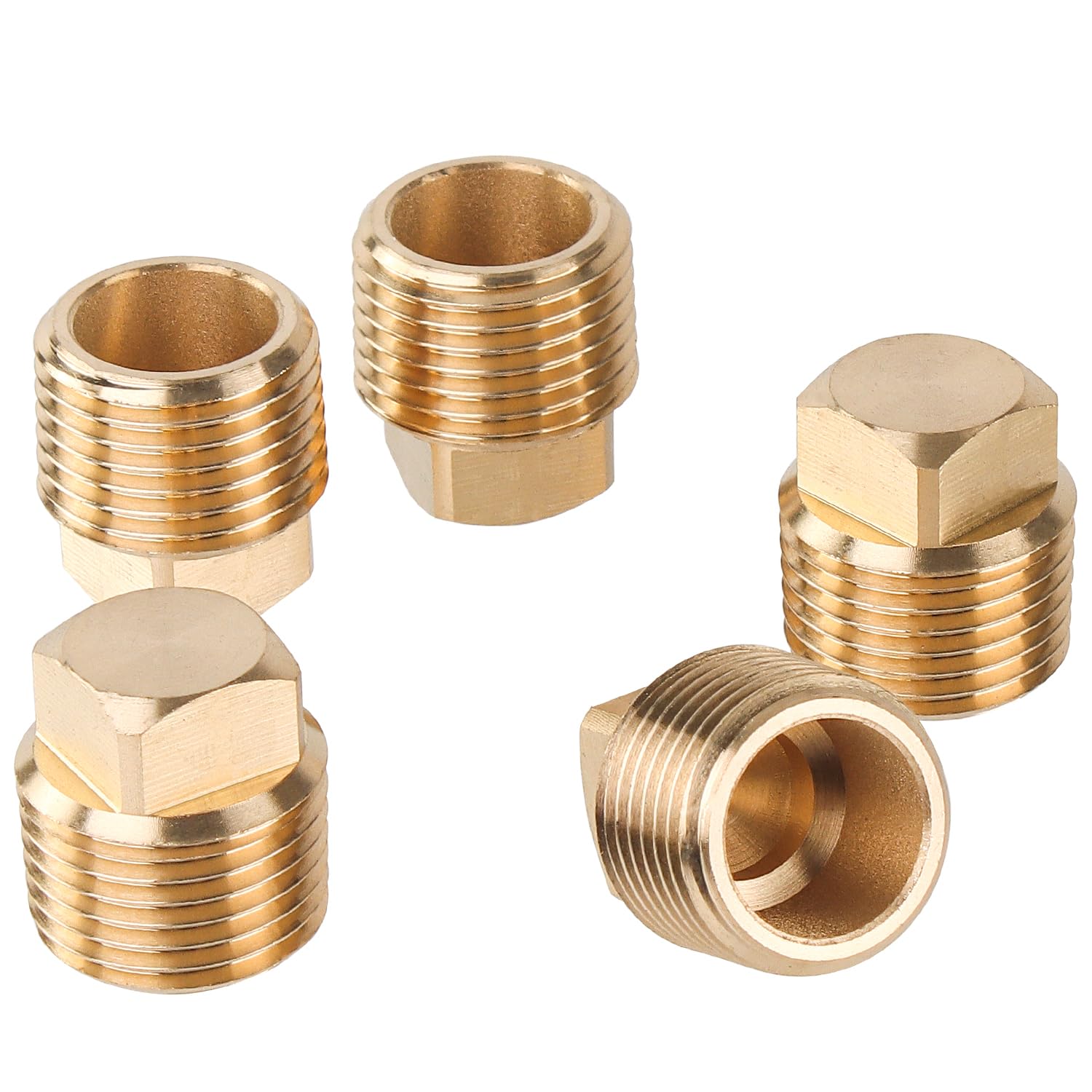 LTWFITTING Brass Pipe Square Head Plug Fittings 1/2-Inch Male BSPT Air Fuel Water Boat (Pack of 5)