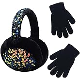 Ear Muffs Gloves Set for Kids Girls Adjustable Winter Sequin Faux Fur Windproof Warm Ear Warmer Outdoor