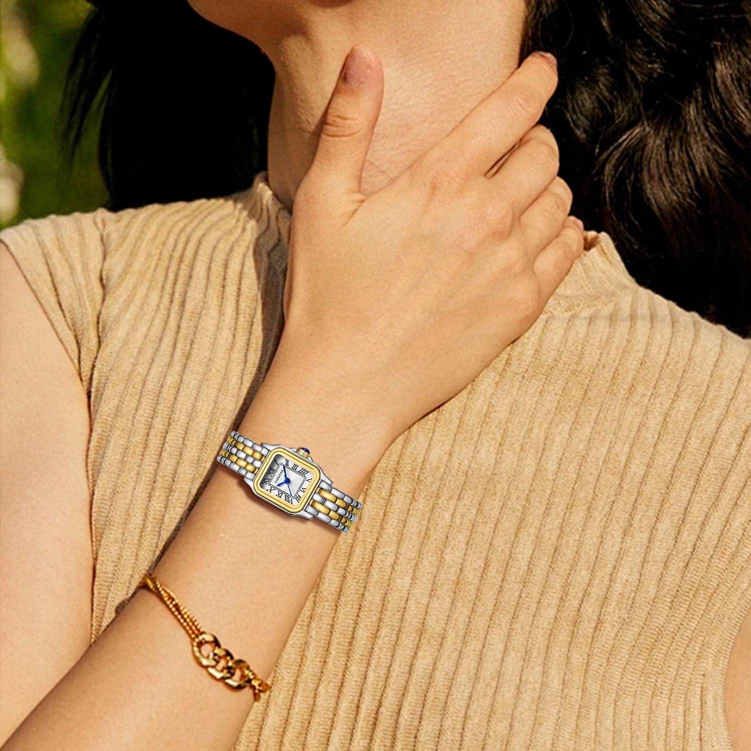 CHEETAH Gold Watches for Women with Small Vintage Bracelet, Rectangular Case Roman Dial