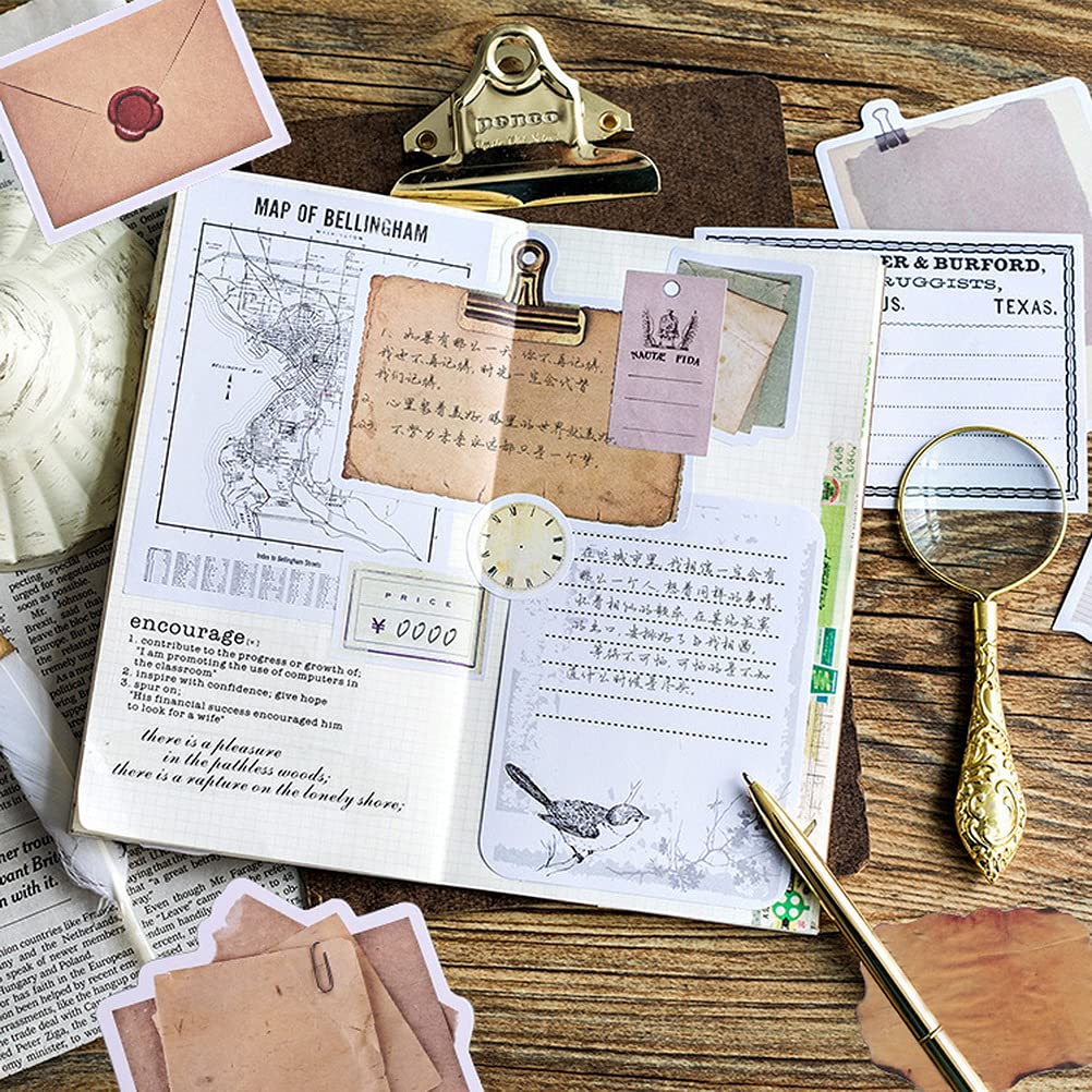 Vintage Scrapbook Paper Stickers, 90 Pcs Antique Looking Aged Paper Classic Old Writing Sticker for Scrapbook, Planner, Craft (2 Styles)