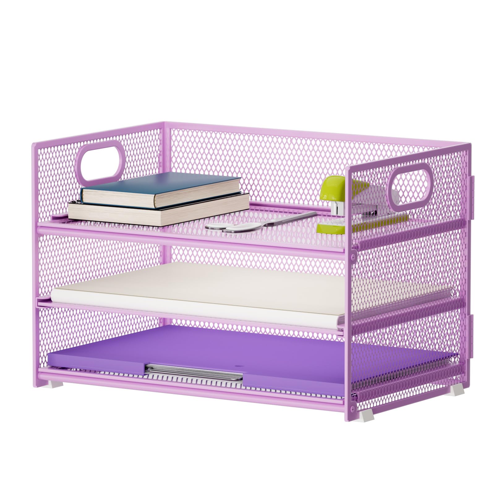 Marbrasse Desk Organiser,3 Tire Letter Paper Tray Organiser with Handle,Mesh Desk Organiser Tray for A4 File,Home Office Supplies(Purple)