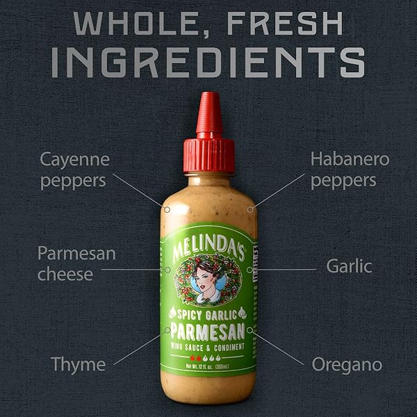 MELINDA’S SPICY GARLIC PARMESAN WING SAUCE – CRAFT GARLIC PARMESAN WING SAUCE WITH HABANERO PEPPERS, PARMESAN CHEESE, FRESH GARLIC – PERFECT FOR BUFFALO WINGS, PIZZA, PASTA – 12OZ, 1 PACK