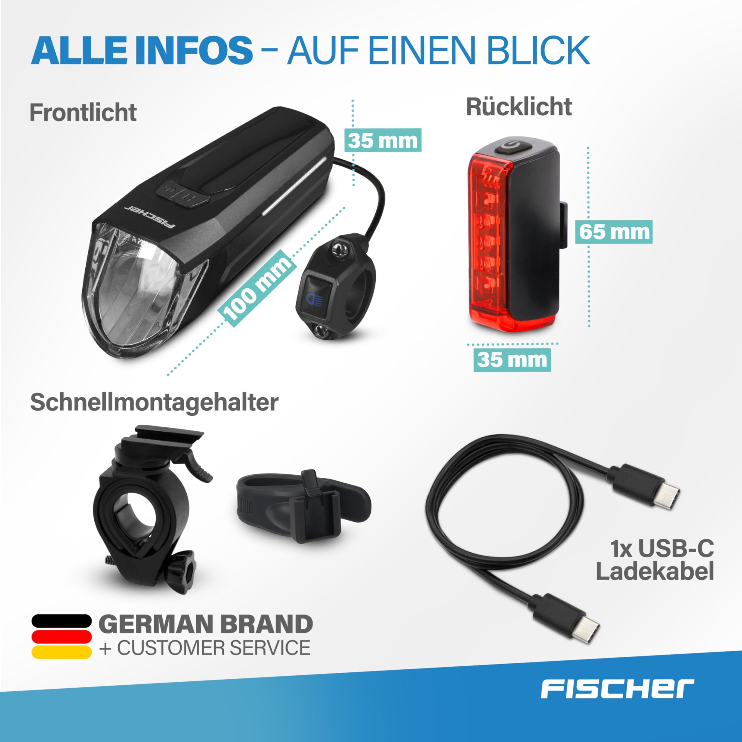 FISCHER Fahrrad LED-Akku Beleuchtungs-Set Twin Stop 100 +80 Lux Fernlicht, mit Sensormodus, Lange Leuchtdauer, stabiles Aluminium-Gehäuse, schwarz, 1 Stück 8
